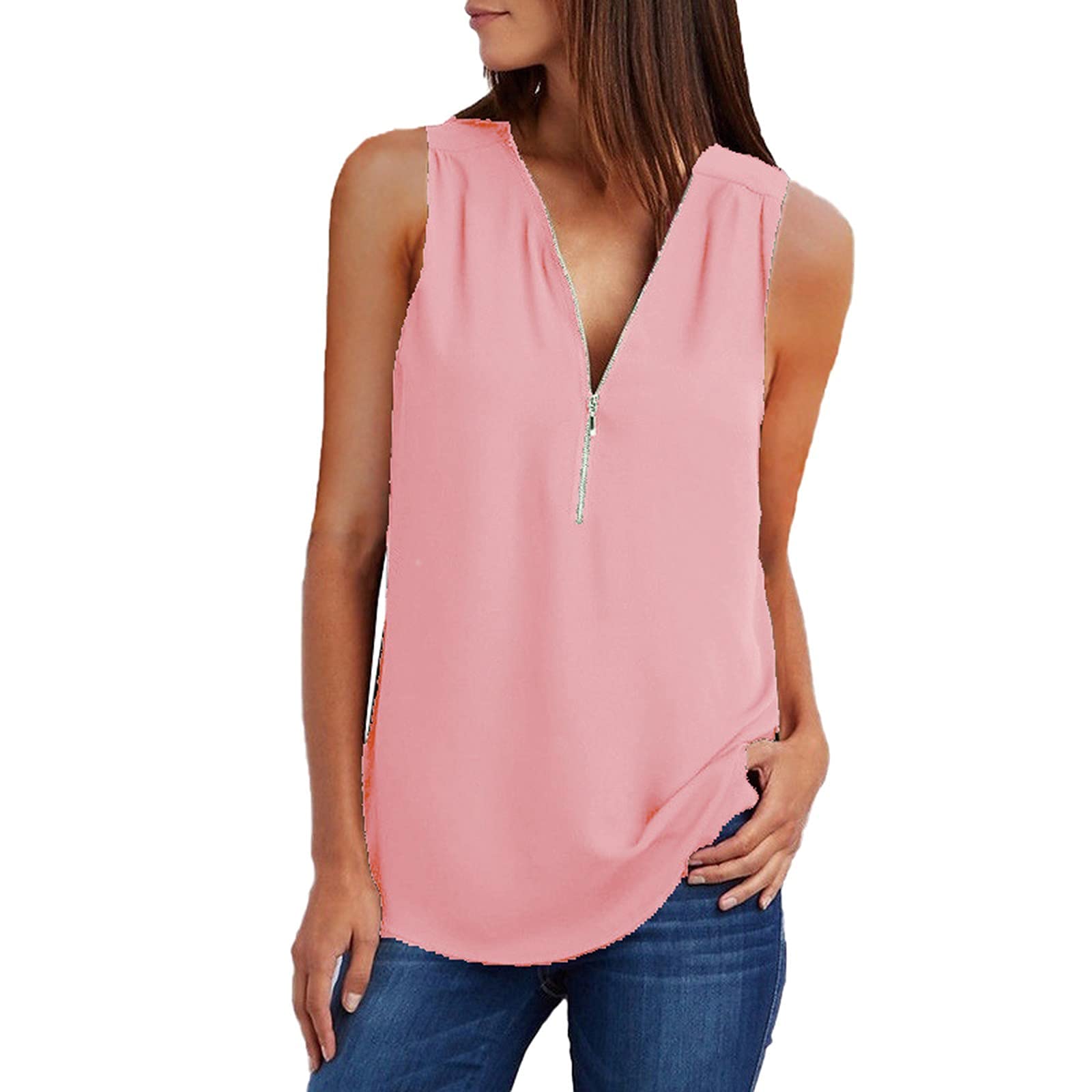 Women's Casual Summer Tunic Tops - V-Neck Zip Up Blouse Shirt with Rollable Sleeves for Outdoor, Travel & Everyday Wear