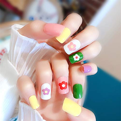 24-Piece Short Fake Nails Set - Heart & Flower Design Press-On Artificial Nails with Glue, Multiple Cute Colors (Style S49) | Perfect for Parties, Weddings, Daily Wear & Nail Art Enthusiasts