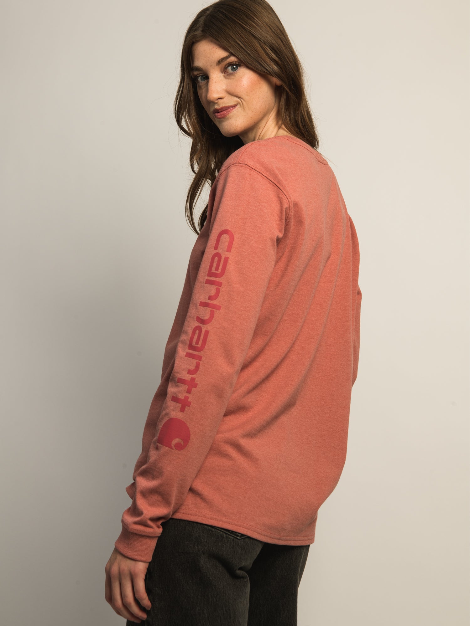 Carhartt Men's Long Sleeve Logo T-Shirt - Rose Pink Cotton Workwear Tee for Construction, Outdoor & Casual Wear