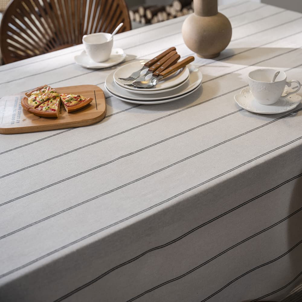ArtBud Cotton Linen Tablecloth - Heavy Duty Boho Farmhouse Style Washable Table Cover with Burlap Striped Design (55