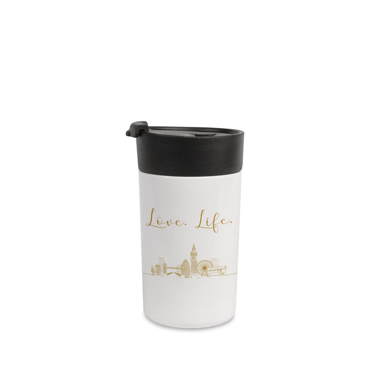 Love Life London Gold England Themed Novelty Coffee Mug - 12oz Insulated Tumbler for Hot & Cold Drinks - Unique Graduation Gift for Him, Long Distance Gift Idea - Perfect for Office, Travel & Big Ben Souvenir Collectors