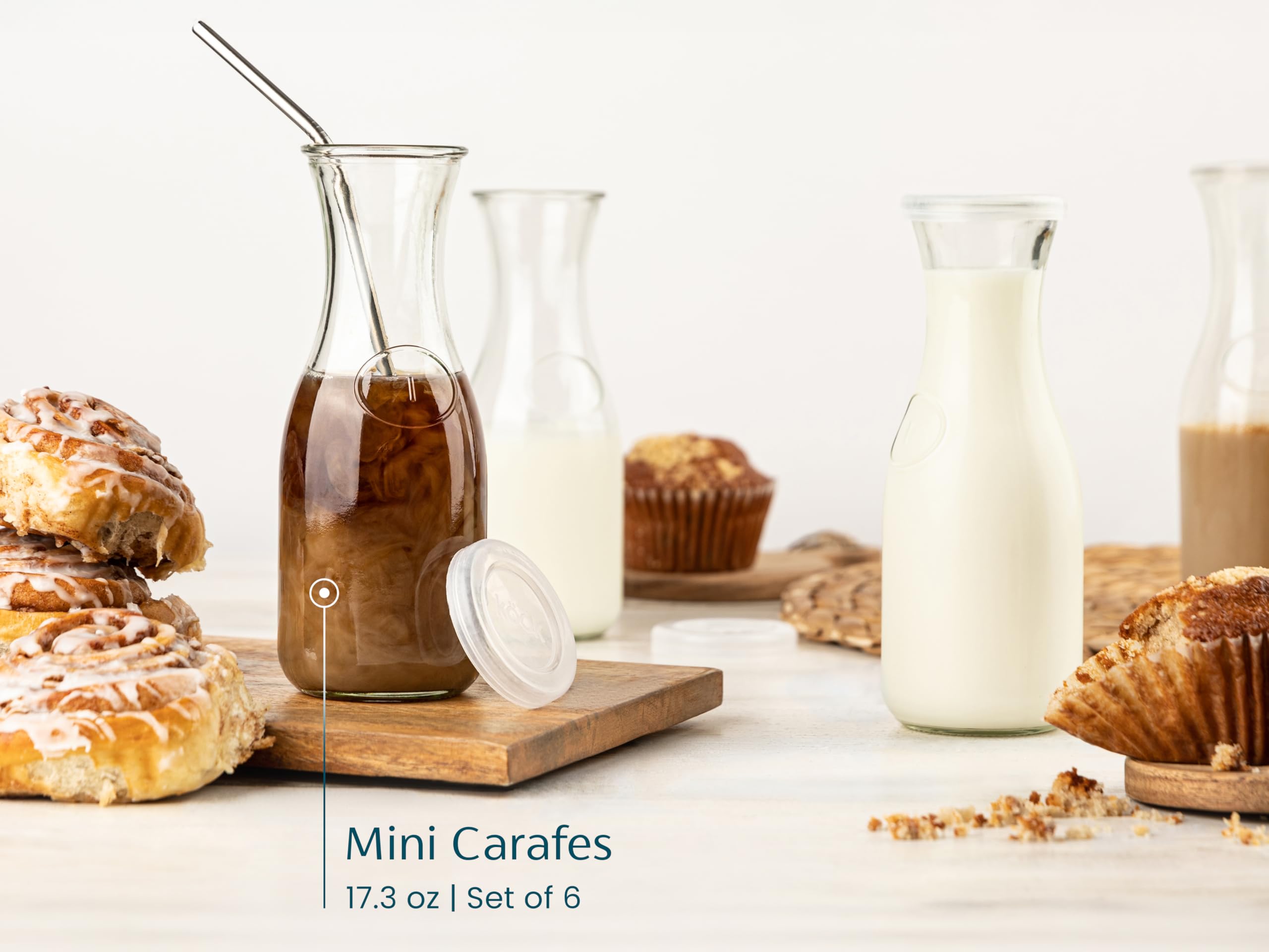 Kook 6-Piece Glass Carafe Pitcher Set - 17.3 oz Mini Beverage Dispensers for Mimosas, Water, Wine, Milk & Juice - Clear Glass Jugs with Plastic Lids, Dishwasher Safe - Perfect for Parties, Brunch & Home Entertaining