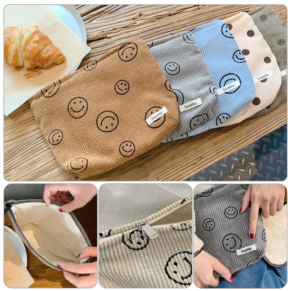 Corduroy Makeup Bag with Zipper - Cute Smile Print Cosmetic Pouch for Women & Girls | Travel Organizer, Sanitary Storage, Gift Idea