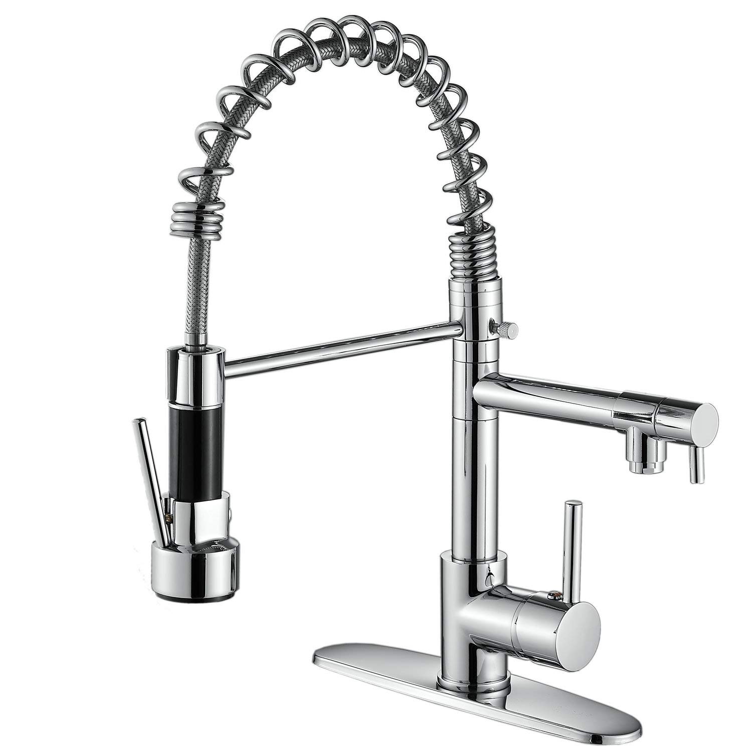 Commercial Pull Down Sprayer Kitchen Faucet - Polished Chrome Finish with Deck Plate | Heavy Duty Bar Sink Faucet for Restaurant, Cafe & Home Kitchen Use