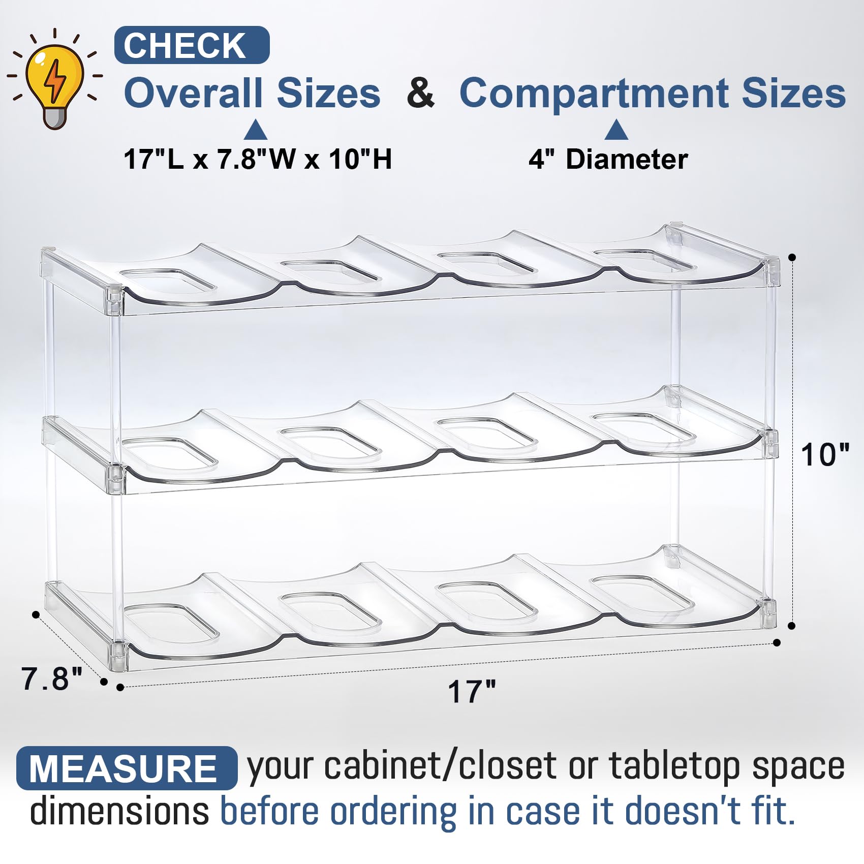 3 Tier Stackable Water Bottle Organizer Holder for Cabinet - Clear Plastic Storage Rack for Stanley 40 oz Tumblers & Large Cups - Space Saving Kitchen Countertop, Pantry, Fridge Organizer (Holds 12 Bottles) - Perfect for Home, Office, Dorm & RV Organization