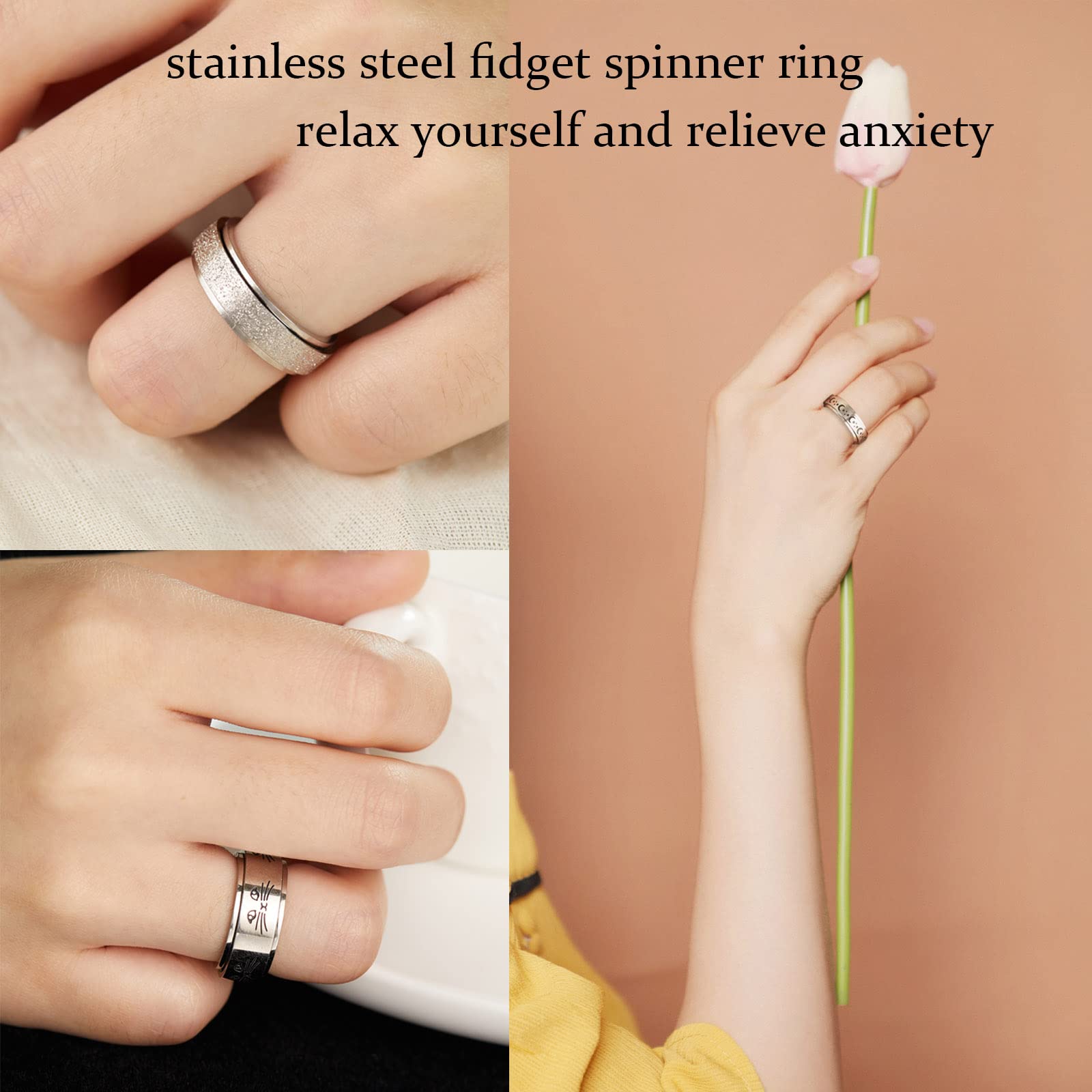 6Pcs Stainless Steel Fidget Rings Set - Moon Star Flower Cat Anxiety Relief Spinner Rings for Women & Men (Size 6-11) | Stress Relief, Focus Aid & Sensory Toy for ADHD, Anxiety & Office Work