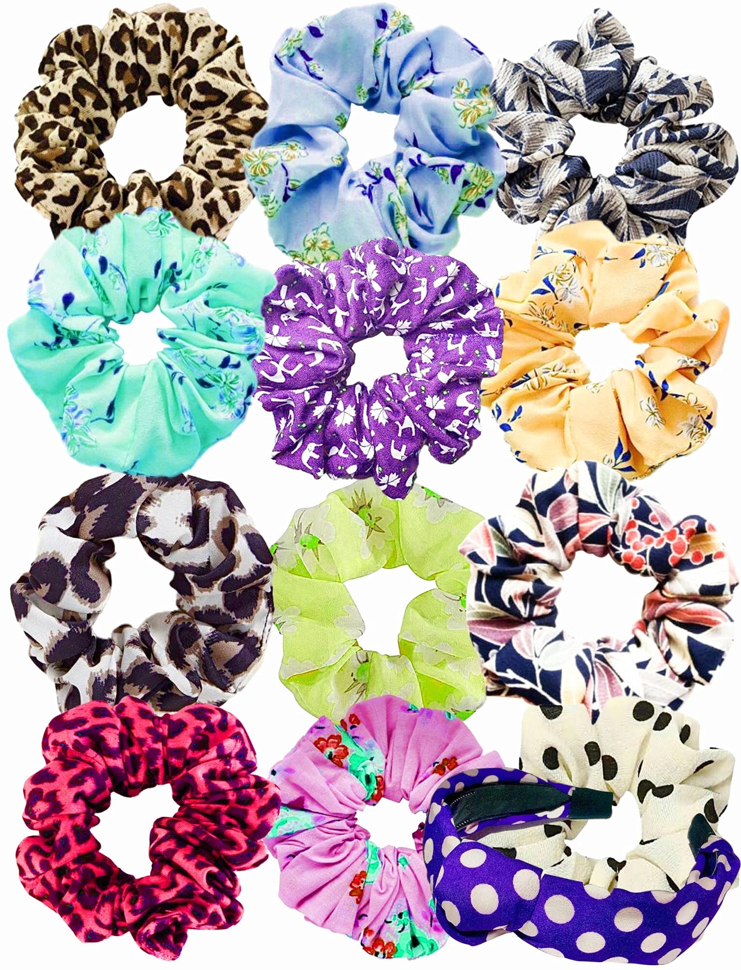 Quarya Elastic Hair Scrunchies for Women & Girls - Soft Printed Hair Ties, Ropes & Bands - 12 Scrunchies + 1 Hair Band Set - Multi-Color Hair Accessories for School, Work, Gym & Everyday Use