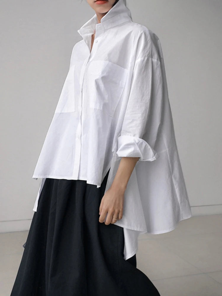 Batwing Sleeve Casual Shirt for Women - Long Sleeve Blouse with Big Pockets, Korean Fashion Tops for Summer | Perfect for Office Wear, Date Night & Casual Outfits