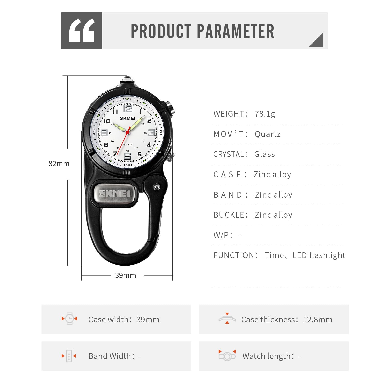 Clip-On Carabiner Watch with Flashlight & Second Hand - Unisex Pocket Watch for Nursing, Backpack, Belt - Portable Outdoor Watch for Field Work, Climbing, Hiking & Sports Activities - Ideal for Camping, Travel & Emergency Situations