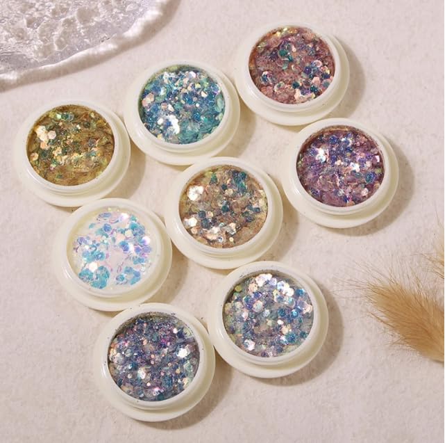 8 Colors Iridescent Nail Glitter Flakes Set - 70g Chunky Sequin Mixed Flakes for Nail Art, DIY Manicure & Pedicure - Shimmering Rainbow Glitter for Acrylic Nails, Gel Polish & Salon Designs