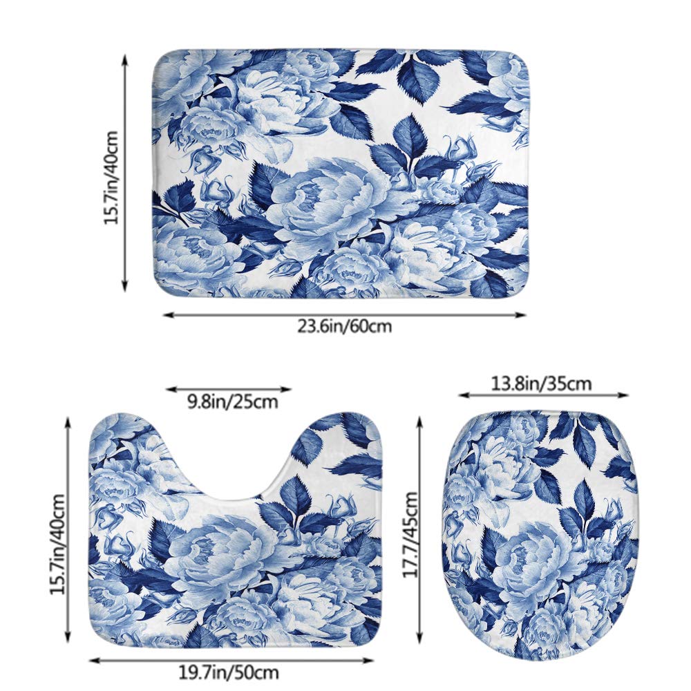Blue Rose Bath Mat Set - Watercolor Blue Ink Peony Floral Design, Non-Slip Bathroom Rug with Toilet Lid Cover (3-Piece) | Soft & Absorbent for Bathroom, Shower, Vanity Area