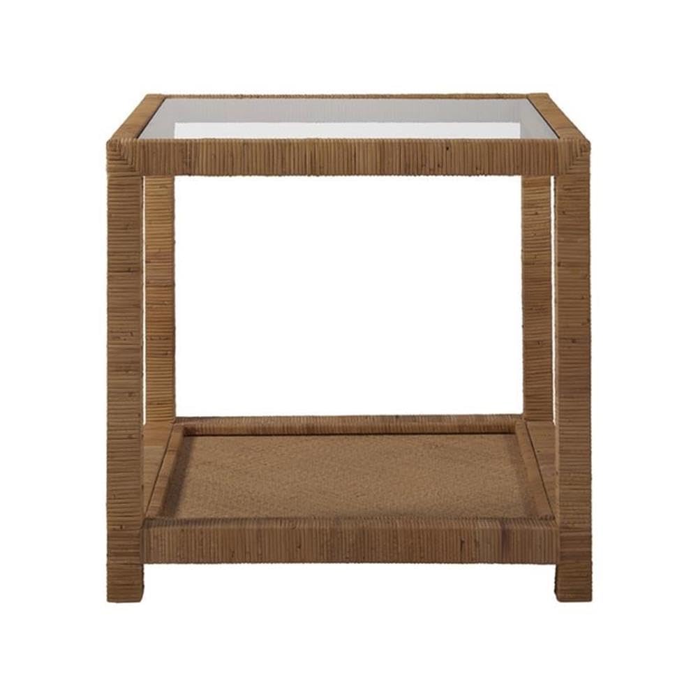 Coastal Woven Rattan End Table with Glass Top - Long Key Accent Table for Living Room, Bedroom & Patio Decor | Stylish Side Table for Home & Outdoor Use