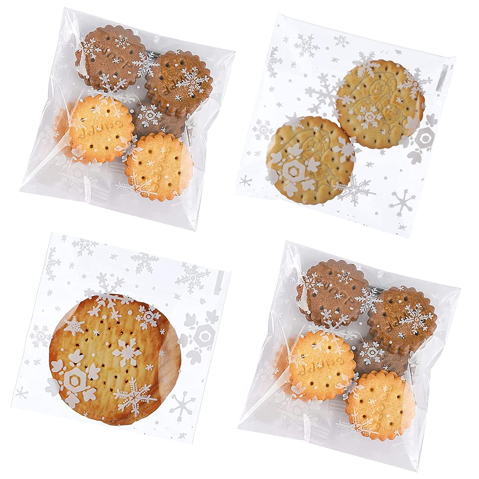 200PCS 5.5x5.5 inch Clear Christmas Cookie Bags with Snowflake Design - Resealable Self Sealing Treat Bags for Biscuits, Candy, Bakery Decorating - Perfect for Holiday Gifts, Christmas Parties & Birthday Celebrations