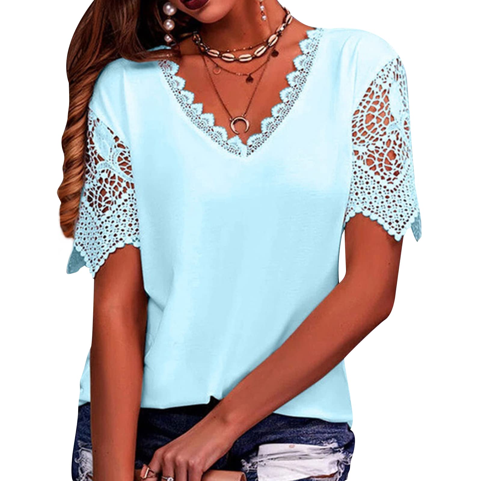 Women's Summer Lace Trim T-Shirt - Breathable Crochet Hollow V-Neck Short Sleeve Top | Casual Tee for Beach, Vacation & Everyday Wear