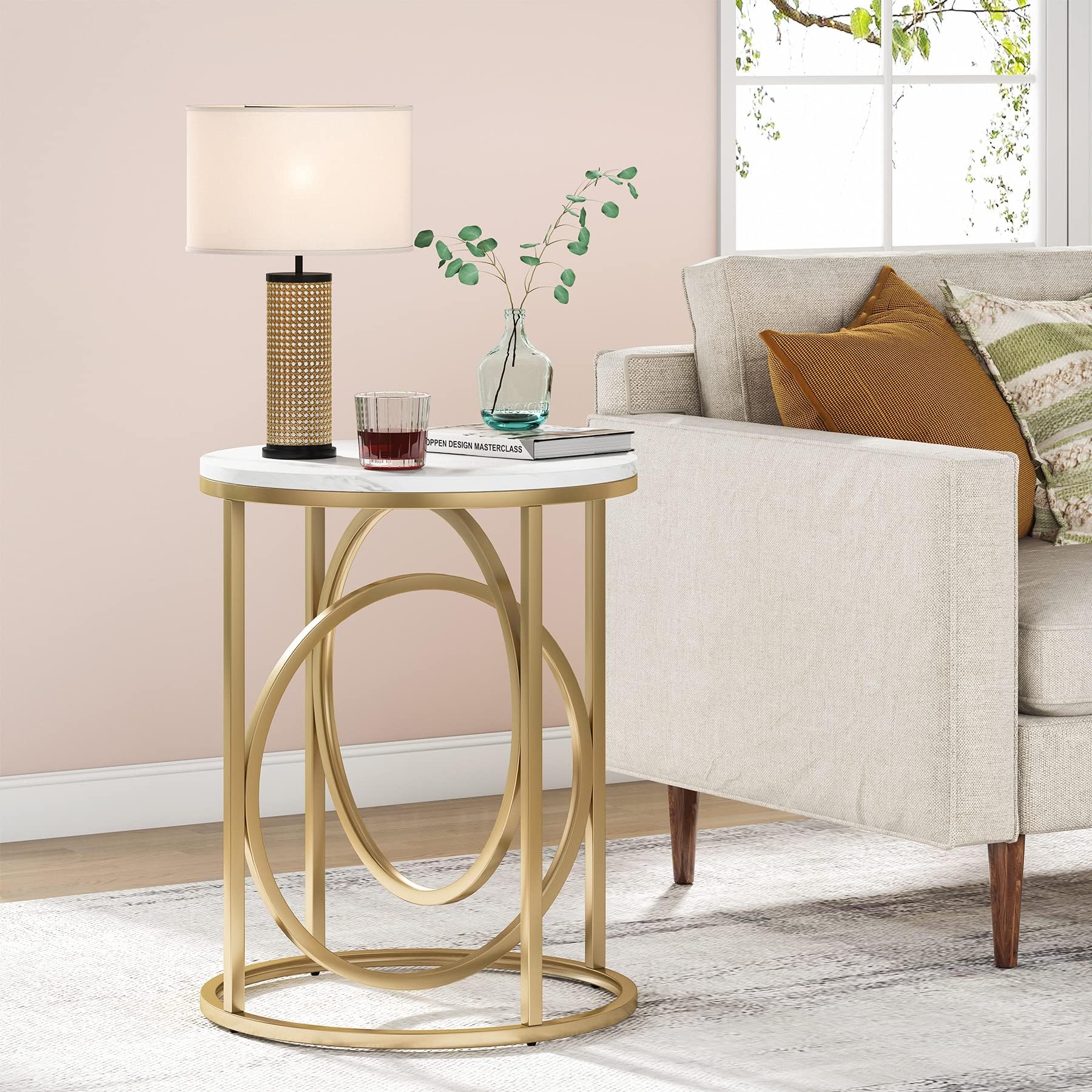 Tribesigns Round Marble End Table with Gold Metal Frame - Modern Side Table for Living Room, Bedroom, Office - Perfect as Sofa Table, Nightstand or Accent Table (White & Gold)