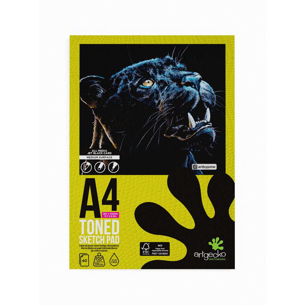 Artgecko Pro Toned Sketchpad A4 Size - 40 Sheets 200gsm Premium Black Card Paper for Artists, Drawing & Sketching - Perfect for Charcoal, Pencil & Pastel Artwork