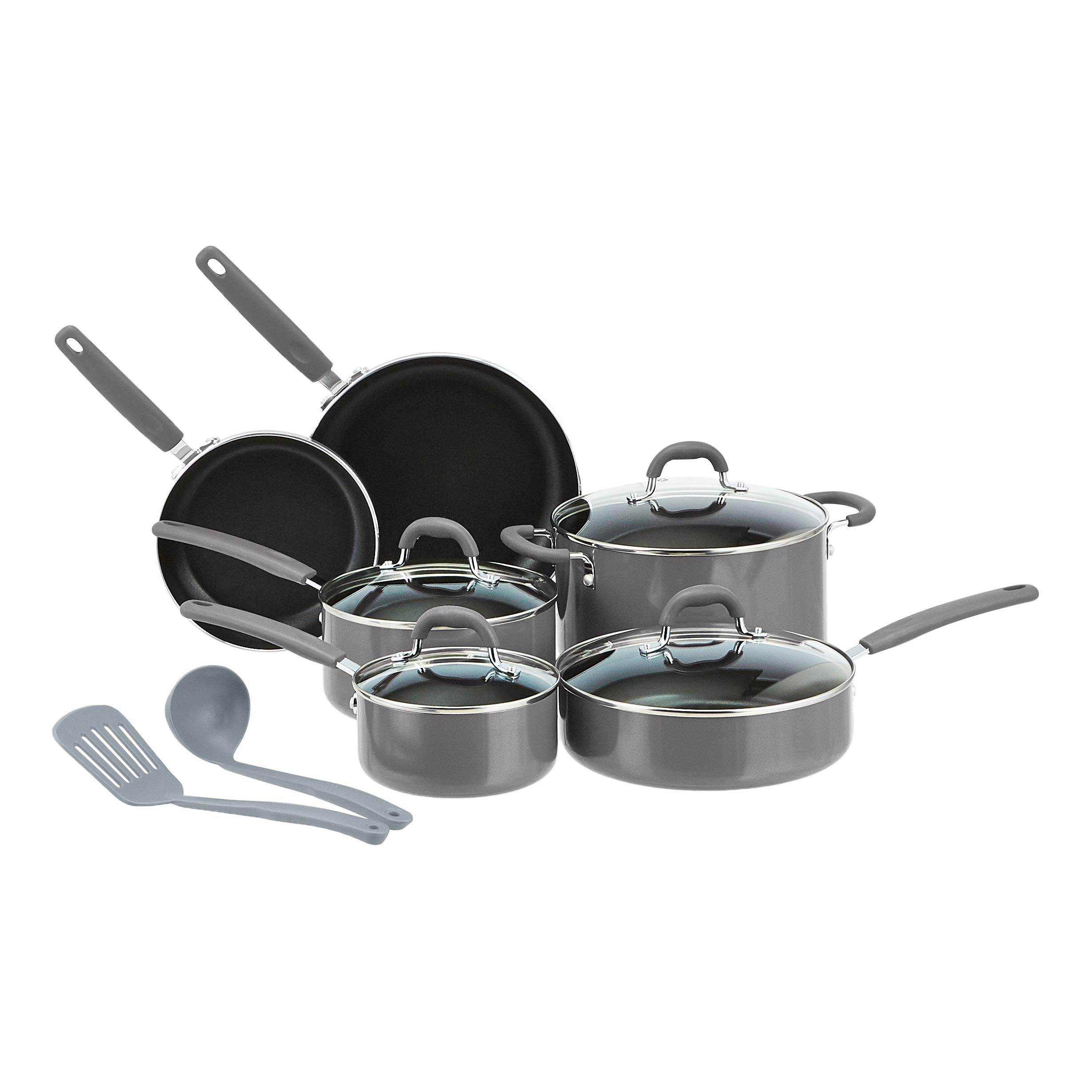 Amazon Basics Ceramic Non-Stick 12-Piece Cookware Set - Gray Pots, Pans & Utensils for Everyday Cooking, Frying & Baking | Dishwasher Safe & Oven Safe Up to 350°F