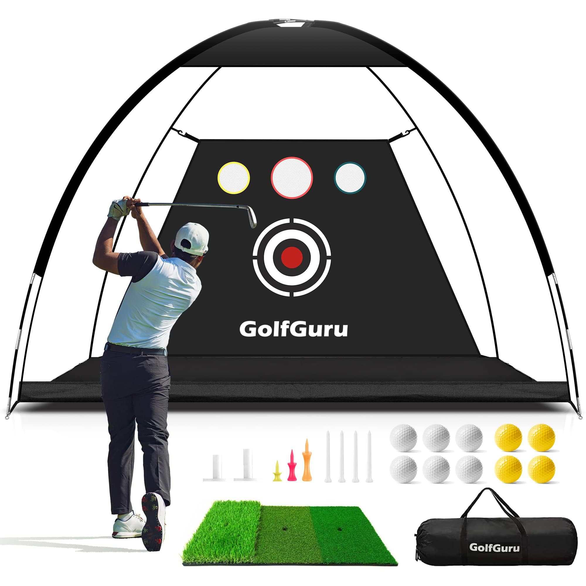 Premium 10x7ft Golf Practice Net with XL Tri-Turf Mat - Includes 10 Golf Balls, 7 Tees & 2 Rubber Tees - Perfect for Backyard Driving, Chipping & Indoor Training - Great Golf Gift for Men & Beginners