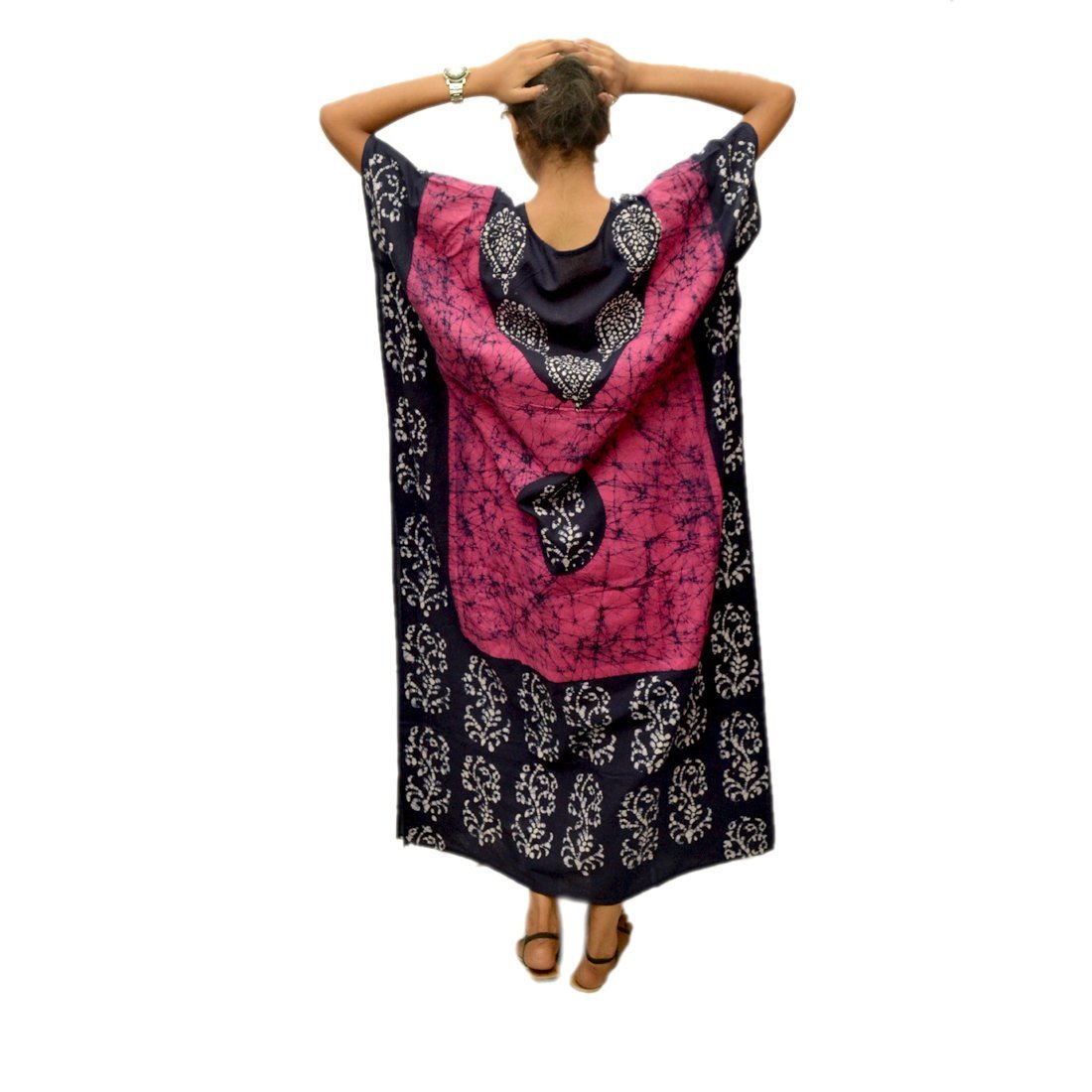 Odishabazaar Women's Cotton Batik Kaftan Maxi Dress - Pink & Black Floral Print Nightgown for Sleepwear, Beach Cover Up, and Boho Summer Outfits