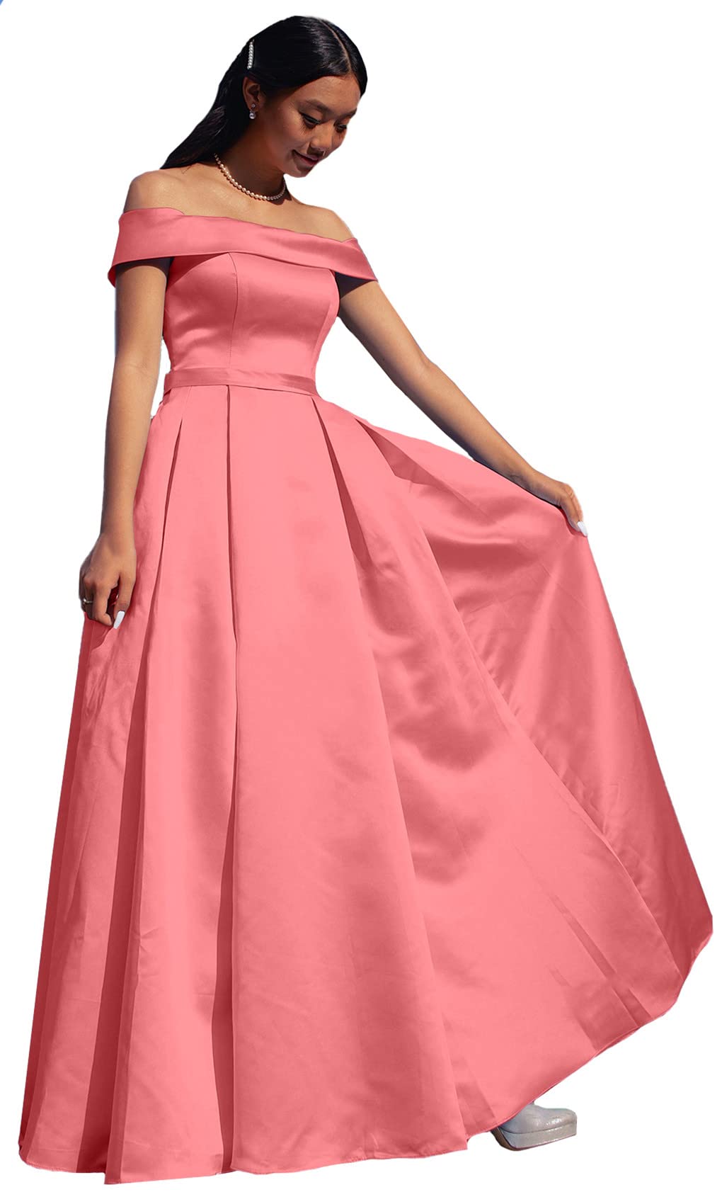 ANGELWARDROBE Women's Off Shoulder Prom Dresses Long Formal Evening Gowns - Satin A-Line Party Dress with Slit Pockets for Homecoming, Wedding, Cocktail Party & Special Occasions