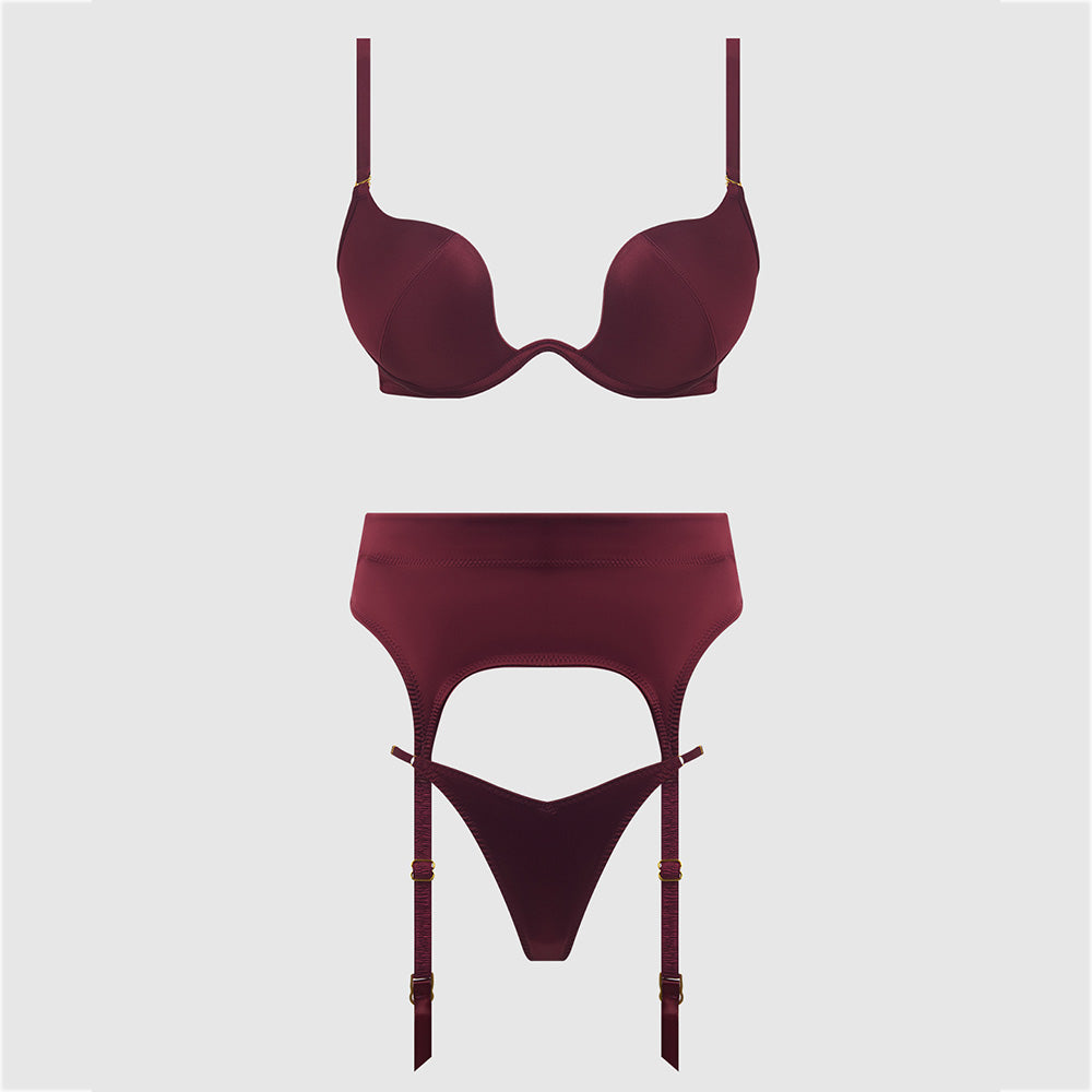 Brigeta Satin Plunge Bra & Lingerie Set with Garter Belt and Thong - Sexy Lace Underwear for Women - Perfect for Valentine's Day, Bridal Shower, and Romantic Nights