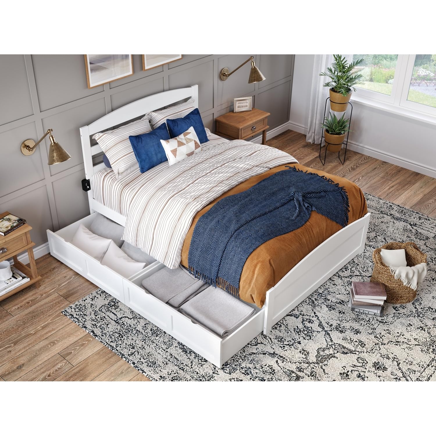 AFI Warren Queen Size Platform Bed with Storage & USB Charging Station - Modern White Wooden Bed Frame with Footboard for Bedroom, Guest Room, or Dorm