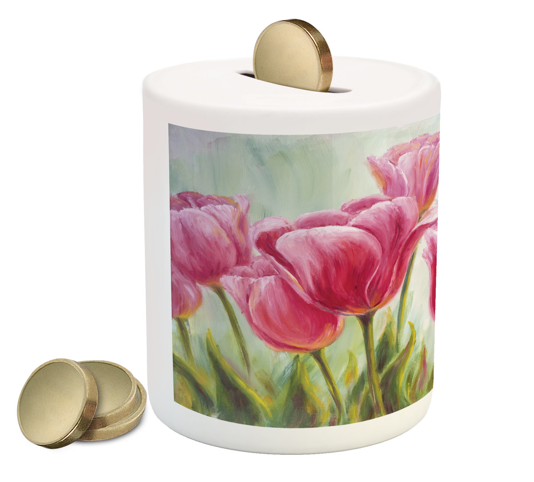 Lunarable Floral Piggy Bank - Watercolor Abstract Art with Cornflowers & Daisies, Ceramic Money Box for Cash Savings (Pink, Green, White) | Perfect Gift for Kids, Home Decor & Coin Collection