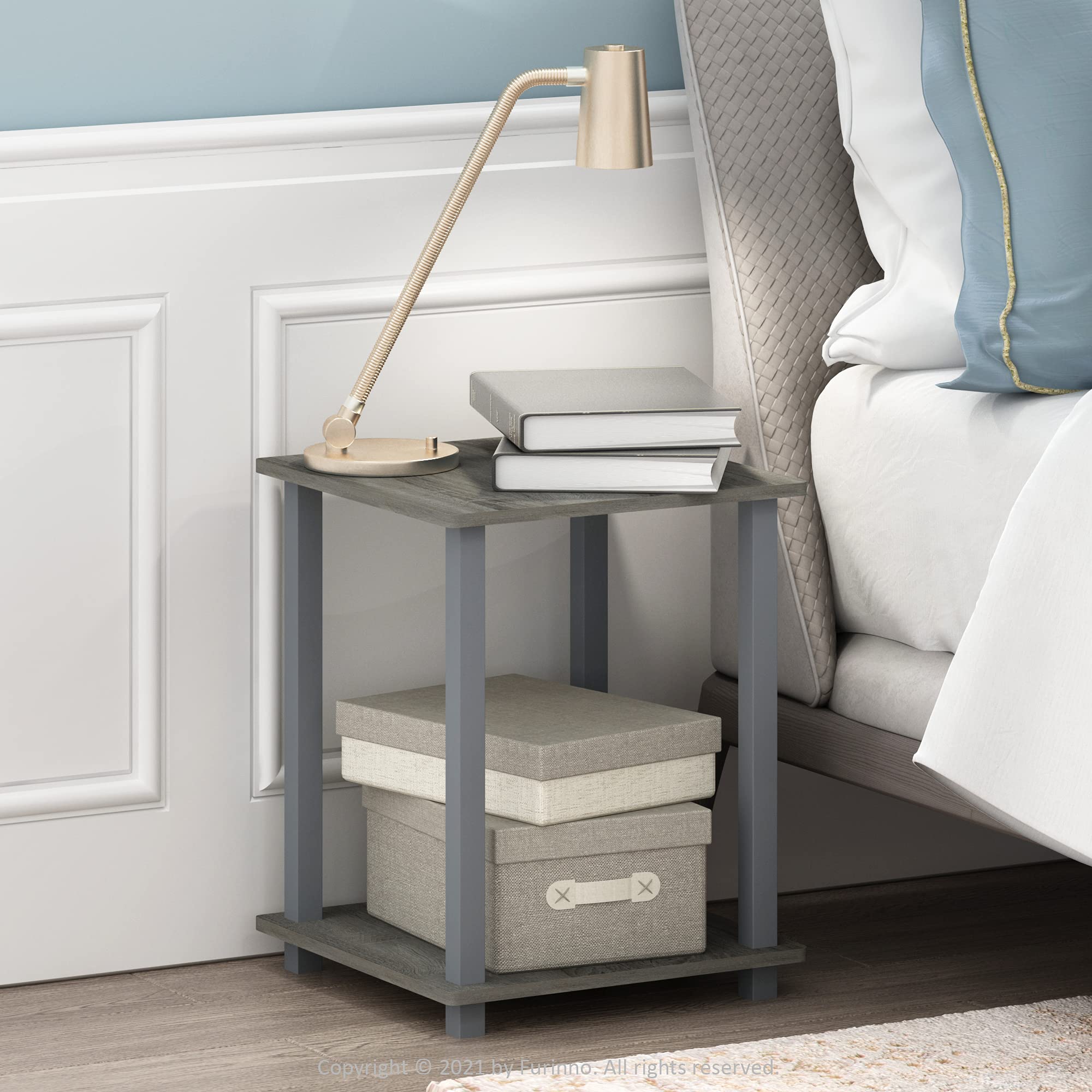 Furinno Basic 3-Tier Bookcase with 2 End Tables - French Oak Grey Storage Shelving Unit & Nightstands for Bedroom, Living Room, and Office Organization