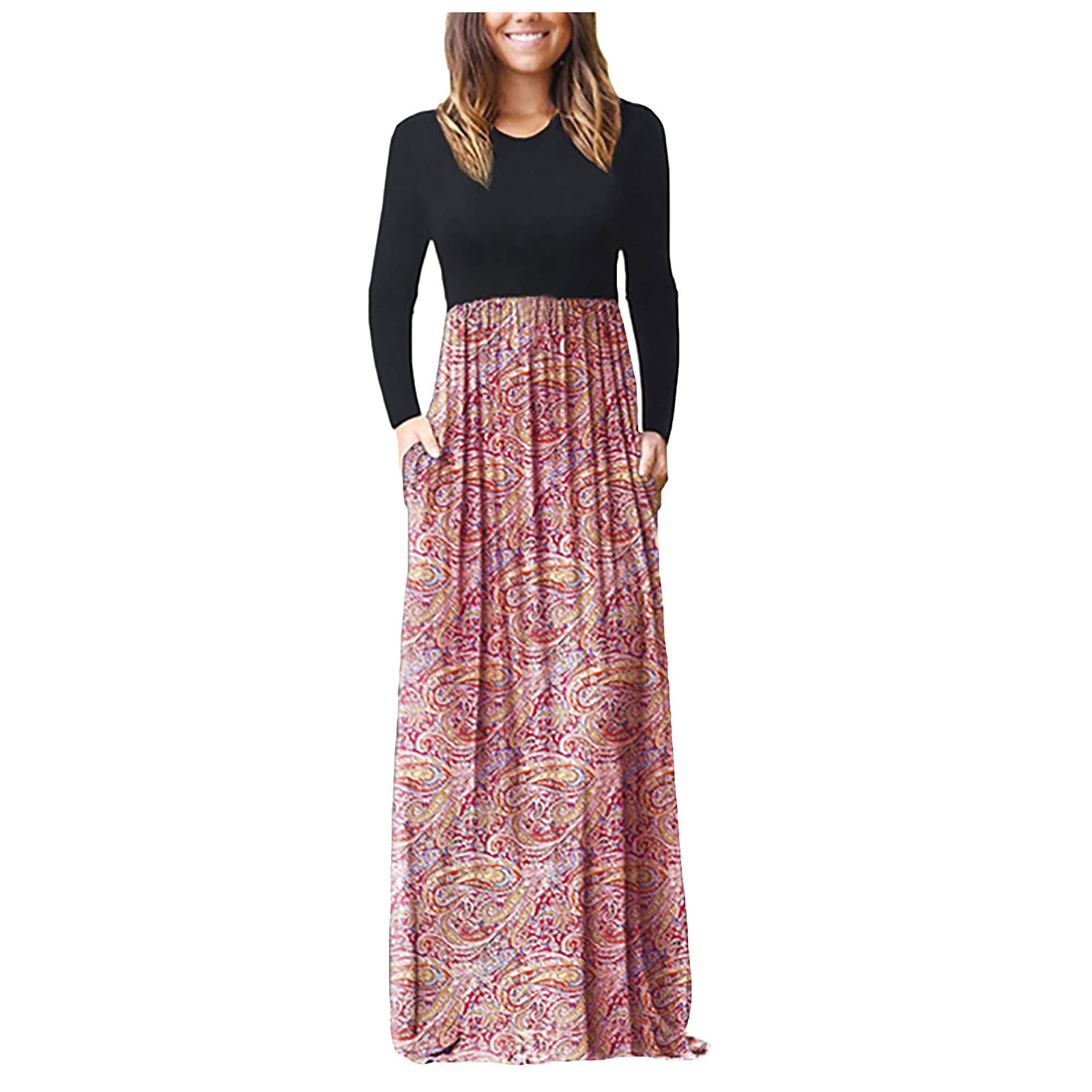 Women's Long Sleeve Loose Plain Maxi Dress - Casual Flowy Long Dress with Pockets for Everyday Wear, Fall Outfits & Boho Style