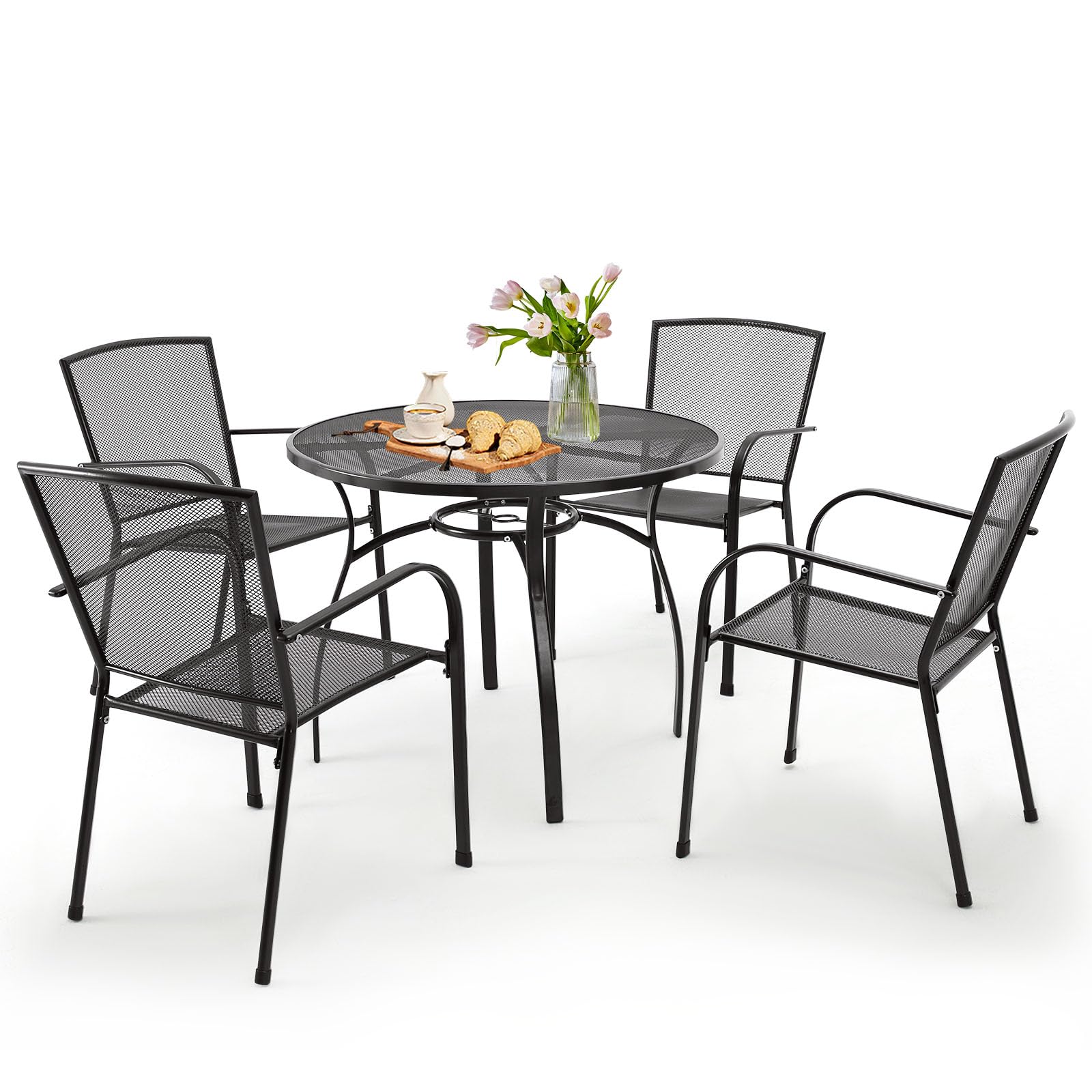 U-MAX 5-Piece Metal Outdoor Dining Set - Round Patio Table with Umbrella Hole & 4 Stackable Chairs for Garden, Deck, Bistro - Perfect for Backyard BBQs, Poolside Gatherings & Outdoor Entertaining