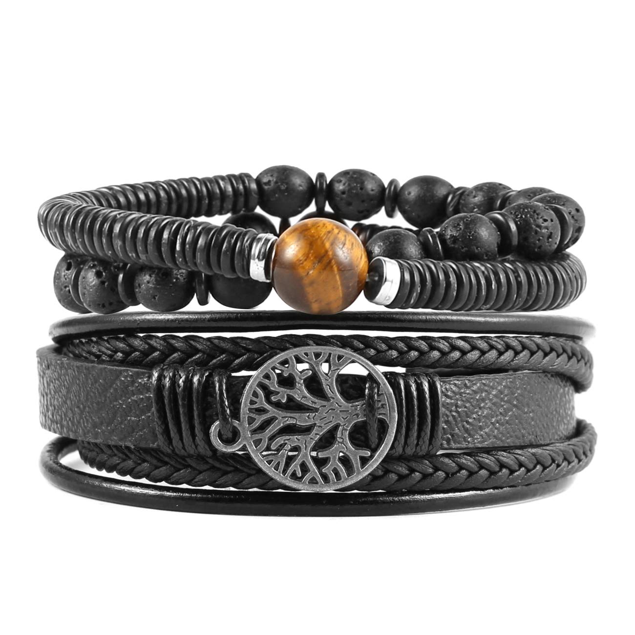 HZMAN Genuine Leather Tree of Life Bracelet for Men & Women - Tiger Eye Natural Stone & Lava Rock Beads Ethnic Tribal Elastic Wristband - Perfect for Yoga, Meditation, Boho Fashion & Gift Giving