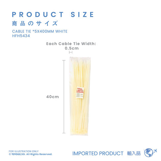 Heavy Duty White Cable Ties 5x400mm (HFH5434) - Secure Wires, Organize Cables for Home, Office & Industrial Use