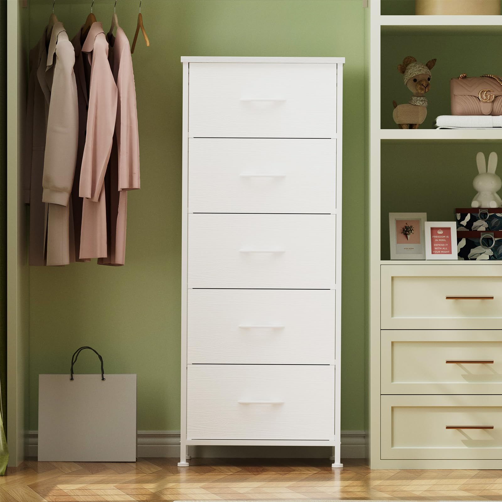 5-Drawer Tall Dresser Organizer with Fabric Bins - White Wood Texture & Leather Finish - Bedroom Storage Tower for Closet, Dorm, Apartment - Perfect for Clothes, Toys, and Home Organization