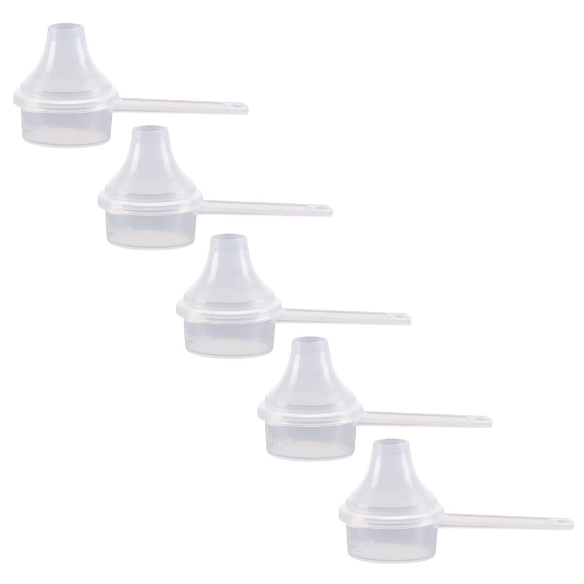 Plastic Measuring Scoop with Funnel - 9cc (2 Teaspoon | 9mL) Measuring Spoon for Coffee, Protein Powder, Spices & Dry Goods - Perfect for Kitchen, Baking & Pet Food Measuring (Pack of 5, Opaque, No Cap)