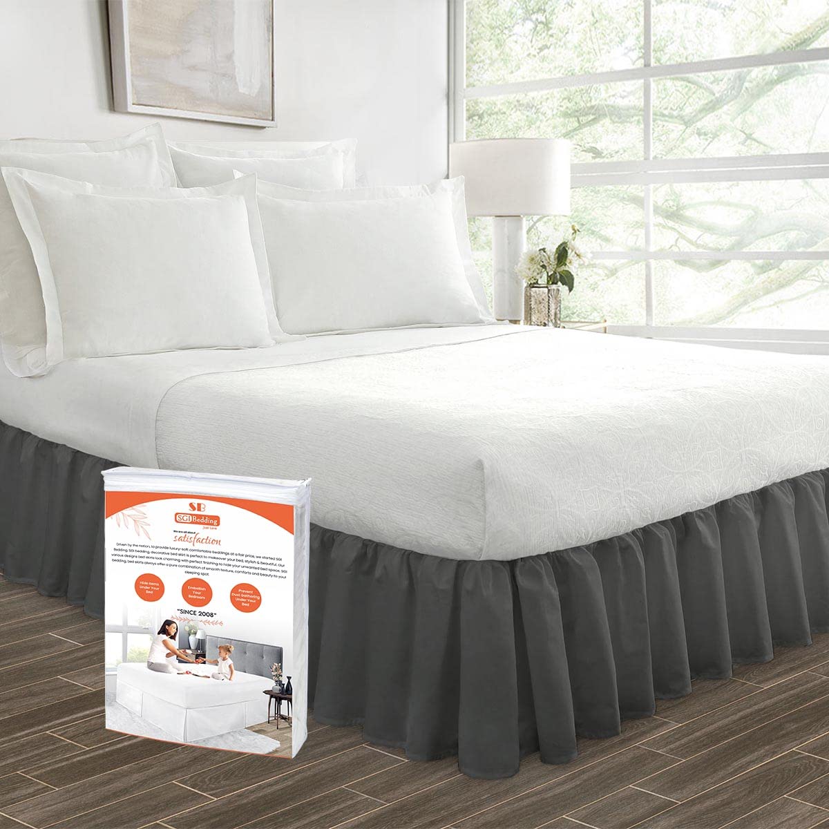 SGI Bedding 16 Inch Ruffled Bed Skirt - Microfiber Dust Ruffle with Fade & Wrinkle Resistance - Anti-Static Decorative Bed Skirt with Hidden Storage Space - Full Size Dark Grey for Bedroom Decor & Clutter-Free Organization