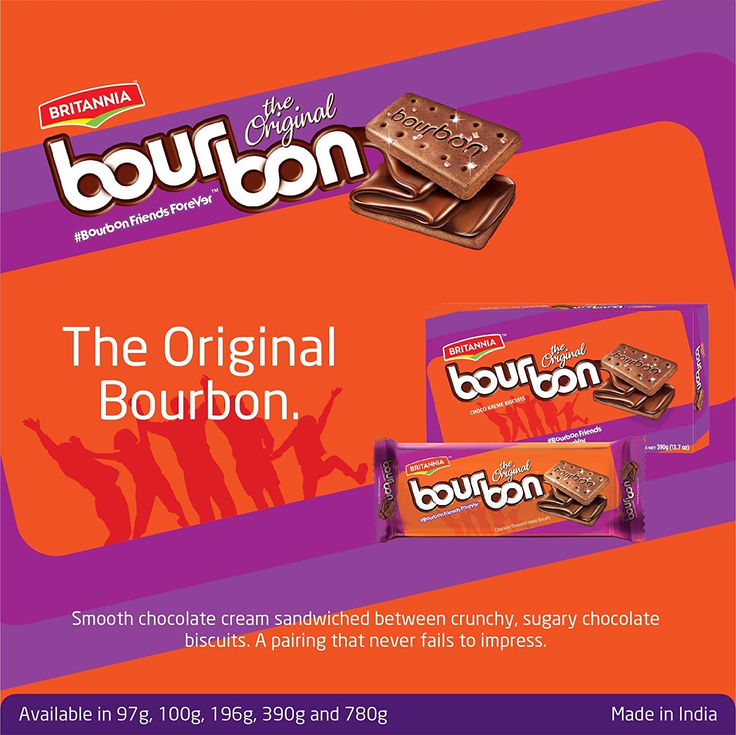 Britannia Bourbon Original Choco Creme Biscuits 13.75oz (390g) Pack of 4 - Smooth Chocolate Cream Sandwich Cookies with Sugar Crystals - Perfect for Breakfast, Tea Time, Office Snacks & Kids Lunchboxes