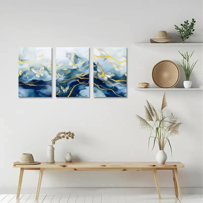 3-Piece White and Gold Butterflies on Blue and White Metal Wall Art - Ready to Hang Home Decor for Living Room, Bedroom, or Office