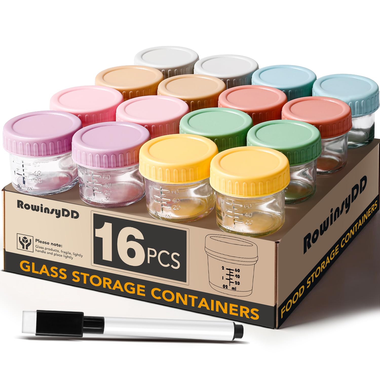 RowinsyDD 16 Pack 4 oz Glass Baby Food Storage Containers - Leakproof Jars with Lids, BPA Free, Freezer & Microwave Safe - Perfect for Homemade Baby Puree, Meal Prep, Snacks & On-the-Go Feeding