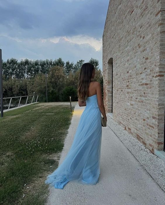 Elegant Light Blue Strapless A-Line Long Prom Dress with High Slit - Perfect for Homecoming, Formal Dances & Evening Parties