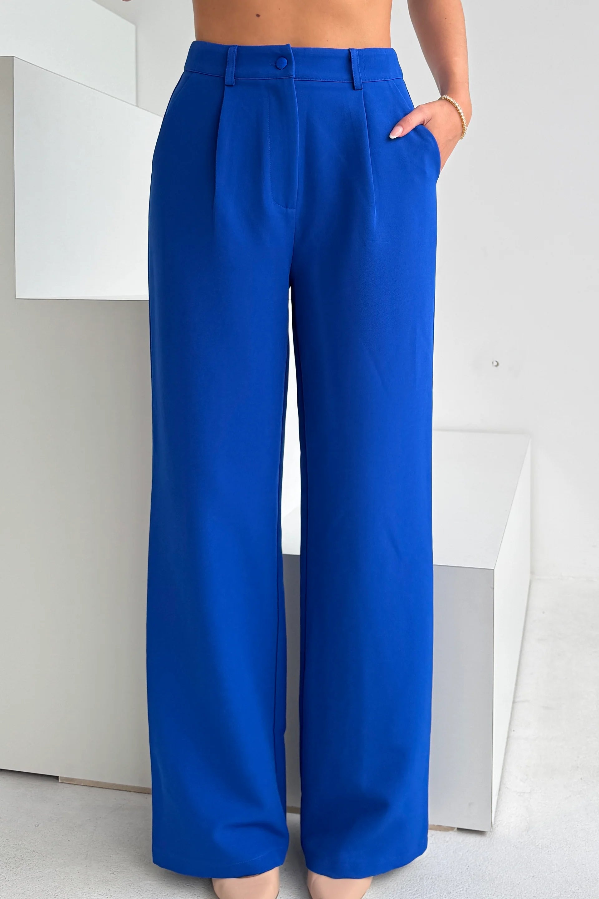 Jo Pleat Detail Tailored Trousers for Women - Royal Blue High Waist Dress Pants for Office, Business & Formal Occasions
