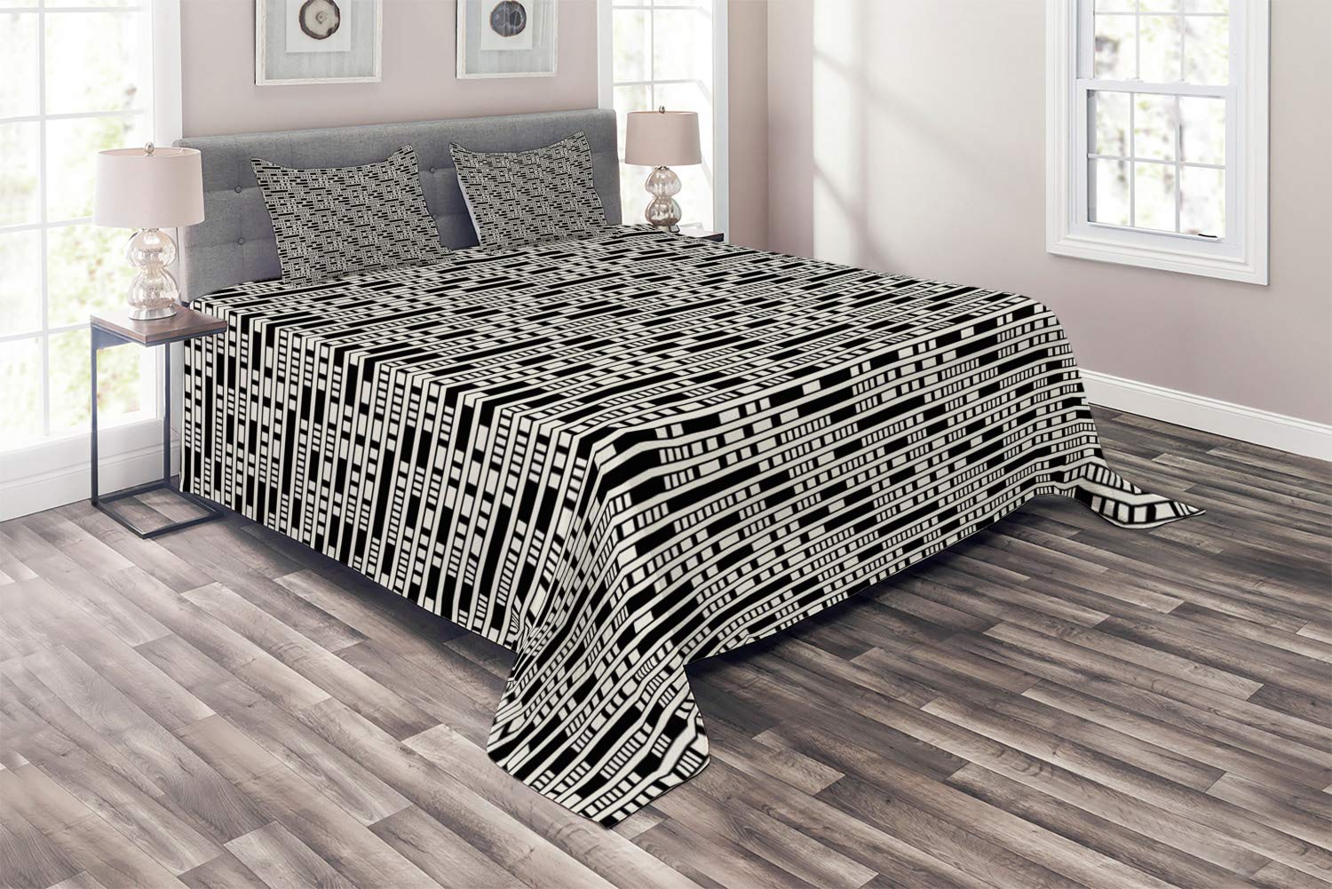 Ambesonne Abstract Coverlet Set - Modern Geometric Design with Rectangles & Lines, 3-Piece Quilted Bedspread with 2 Pillow Shams, King Size in Charcoal Grey & Eggshell - Perfect for Contemporary Bedroom Decor & Guest Room Styling