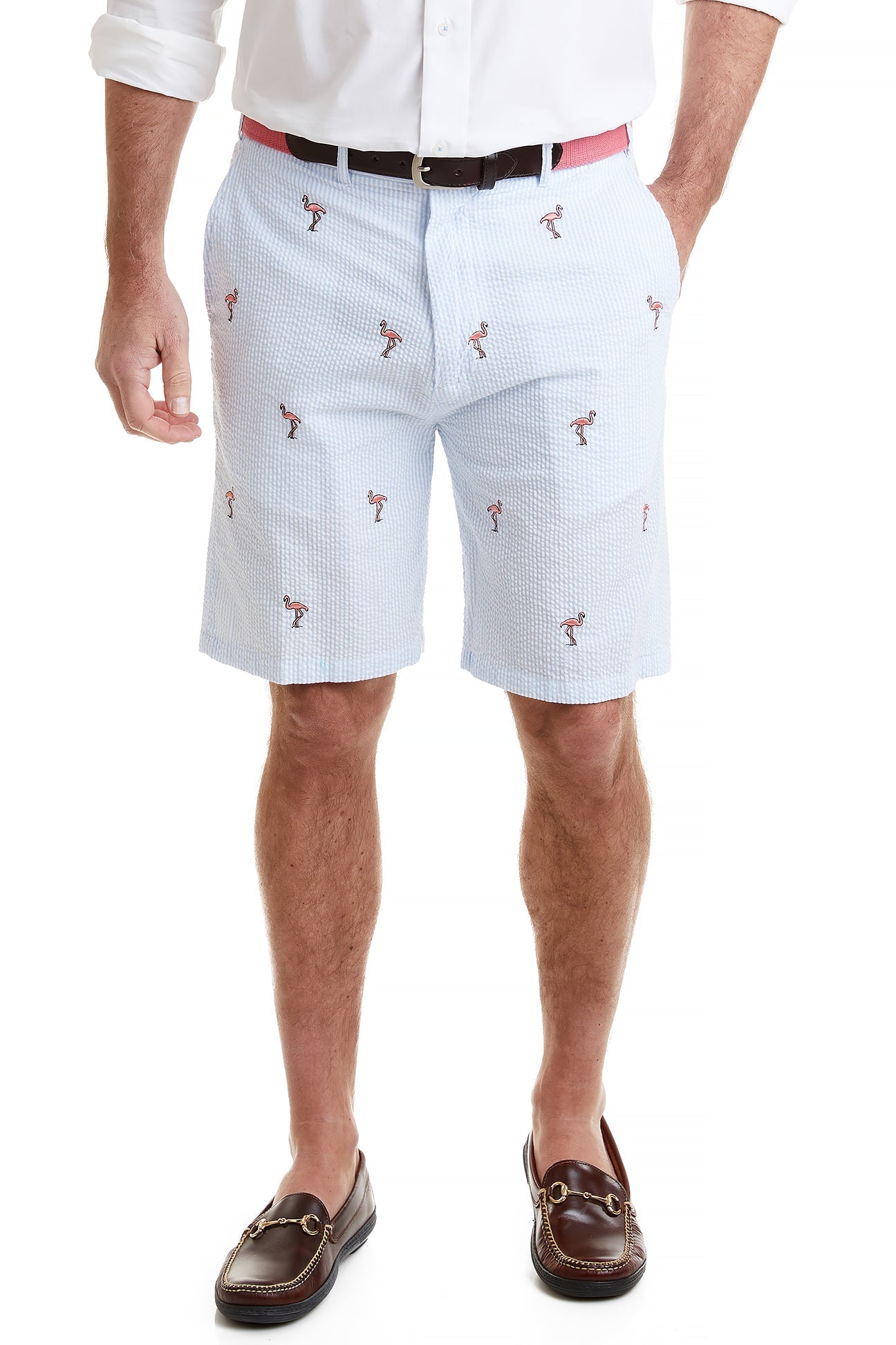 Cisco Short Stretch Twill Blue Seersucker Flamingo Print Men's Casual Shirt - Perfect for Summer Beach Outings & Tropical Vacations