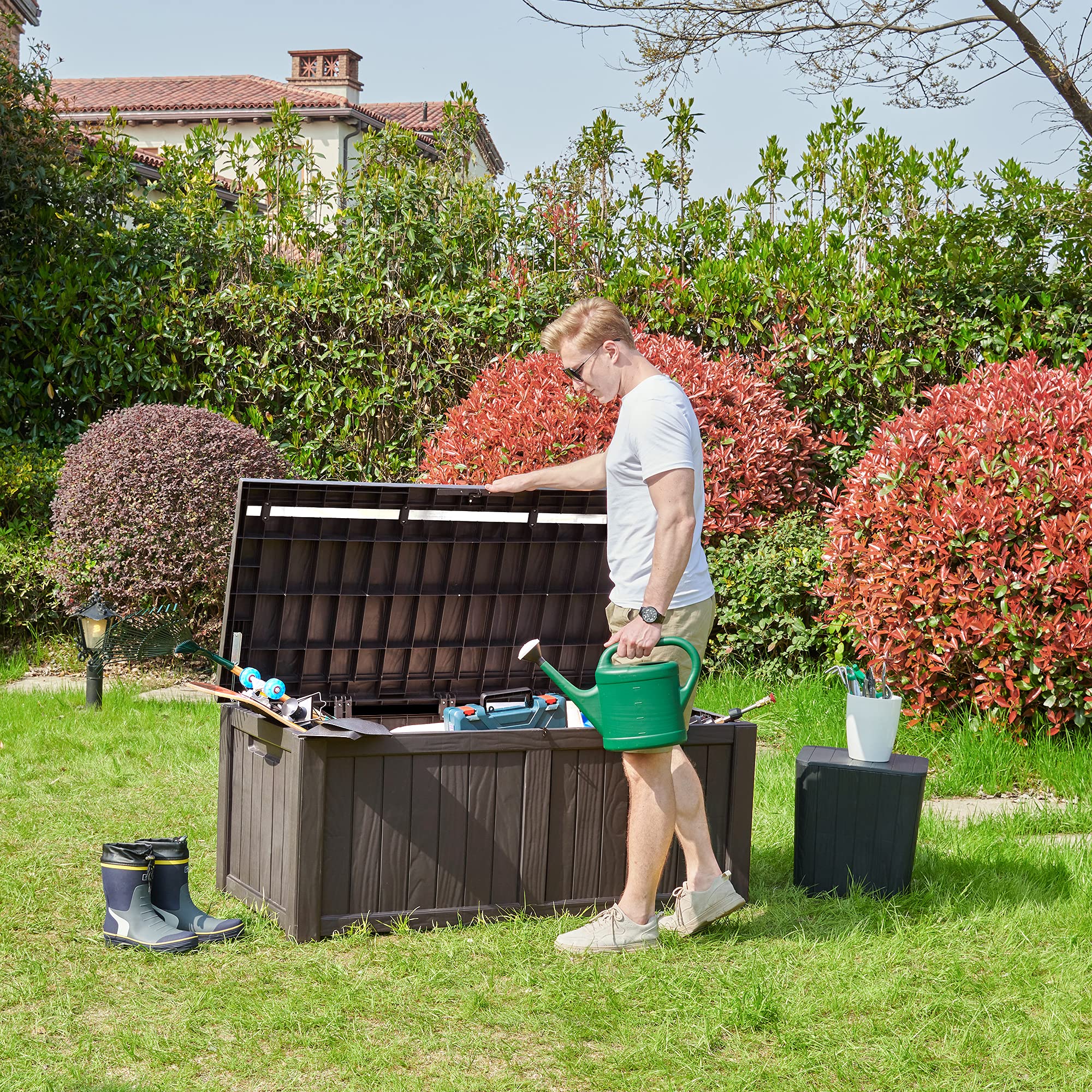 YITAHOME 120 Gallon Outdoor Storage Deck Box - Large Waterproof Resin Patio Storage Container for Garden Tools, Pool Supplies & Outdoor Cushions - Lockable Deck Box (Brown) - Perfect for Backyard, Patio & Poolside Organization