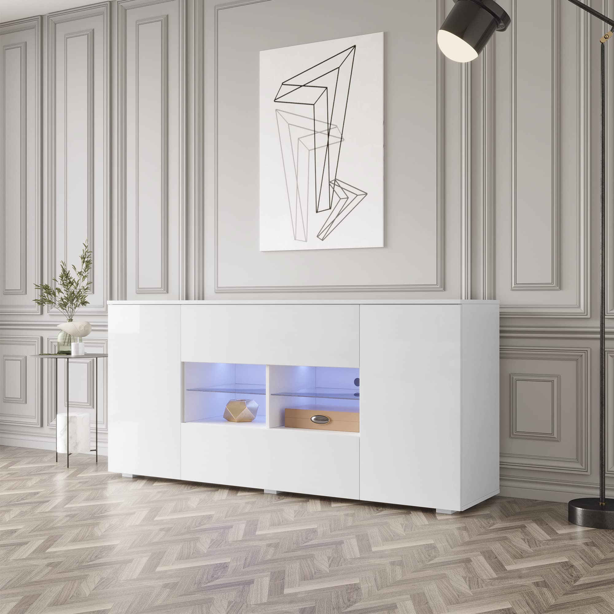 Modern LED Buffet Cabinet with Storage - High Gloss White Kitchen Sideboard, Wooden Bar Cabinet for Living Room, Dining Room & Hallway - Perfect for Entertaining, Displaying China & Organizing Home Decor