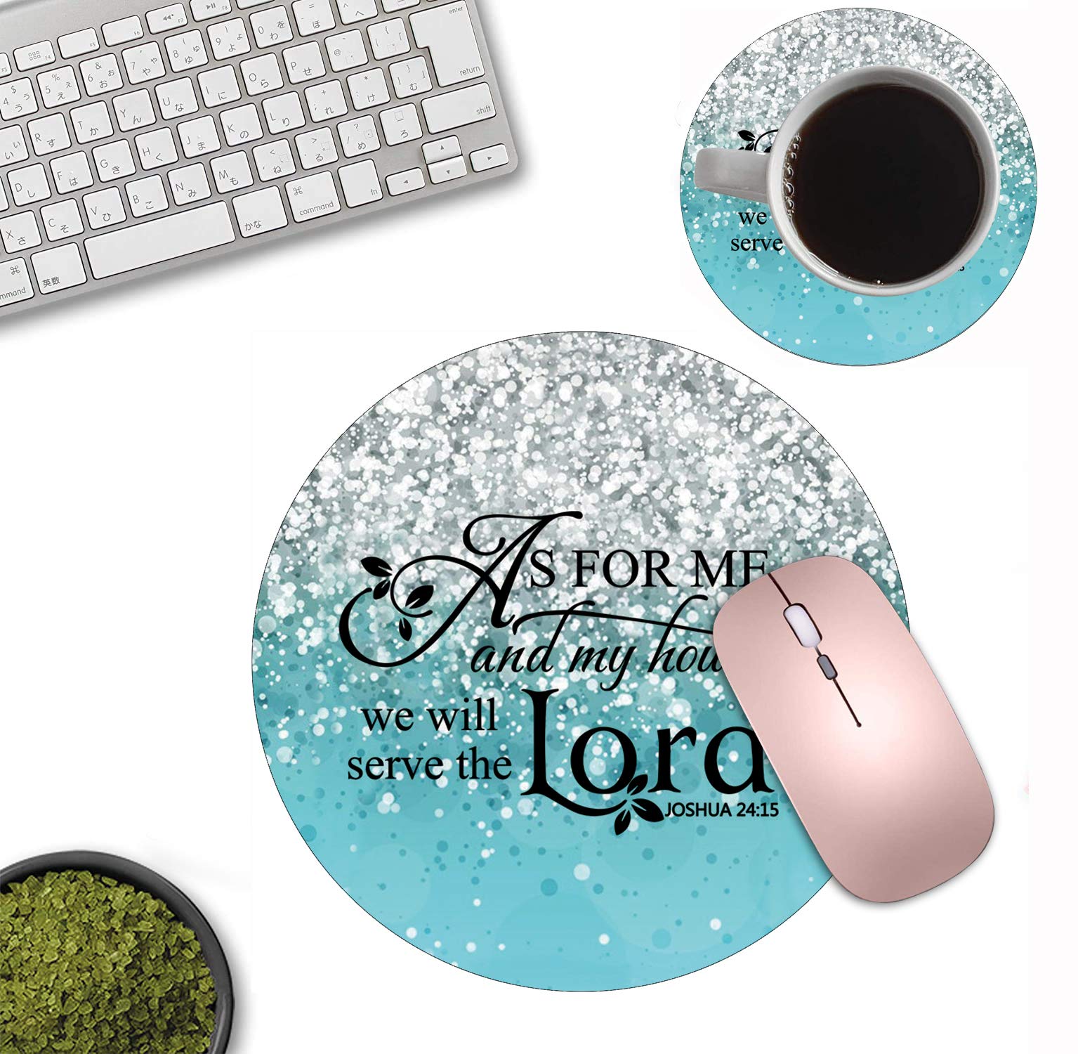 Blue Glitter Round Mouse Pad & Coasters Set with Non-Slip Rubber Base - Inspirational Joshua 24:15 Bible Verse - Perfect for Laptop, Computer & Office Decor - Christian Gift Idea for Home & Work