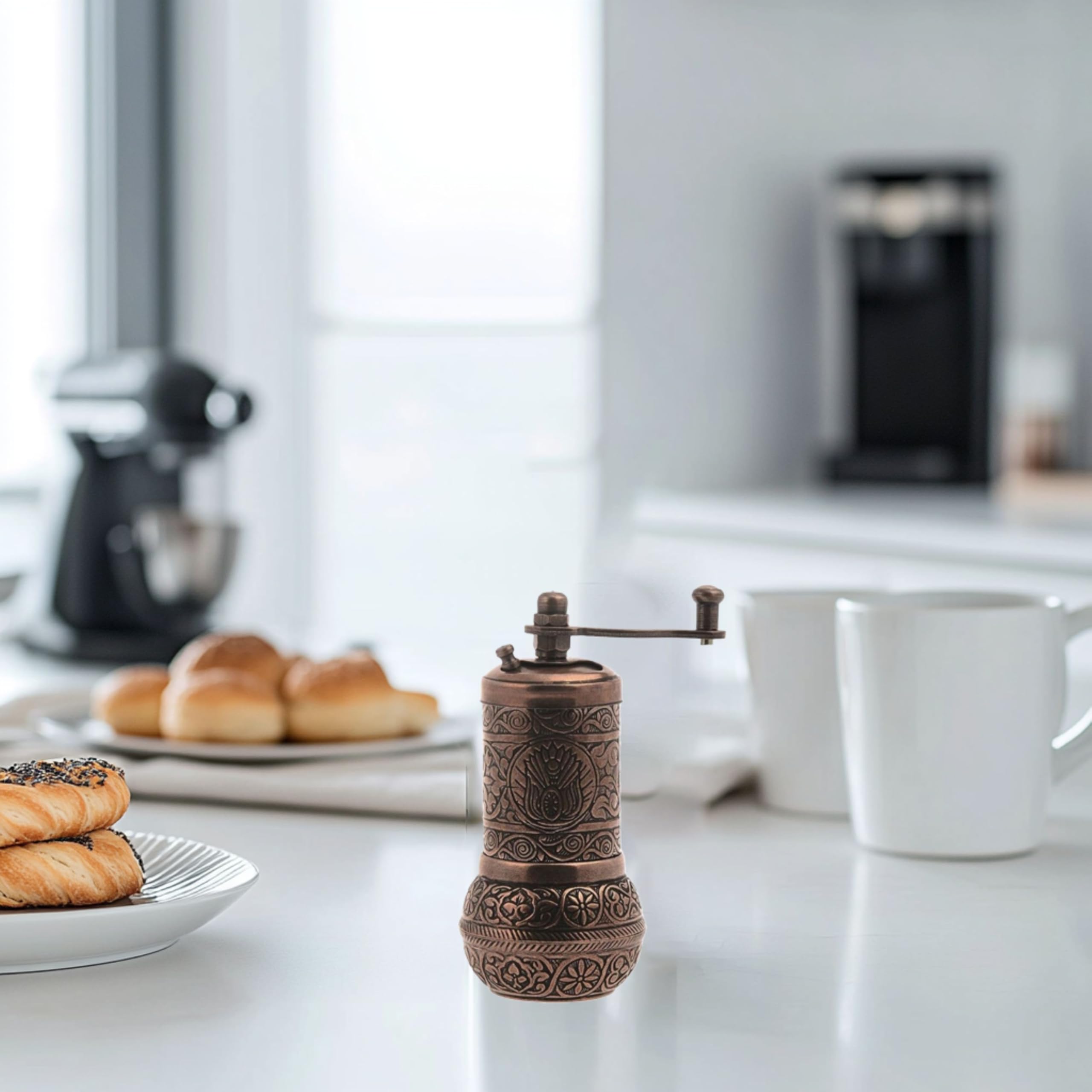LaModaHome Antique Copper Manual Coffee Grinder - Hand Mill for Turkish, Greek & Arabic Coffee Beans, Spices, Pepper & Salt - Brass Construction - Perfect for Home Brewing, Camping & Gifts