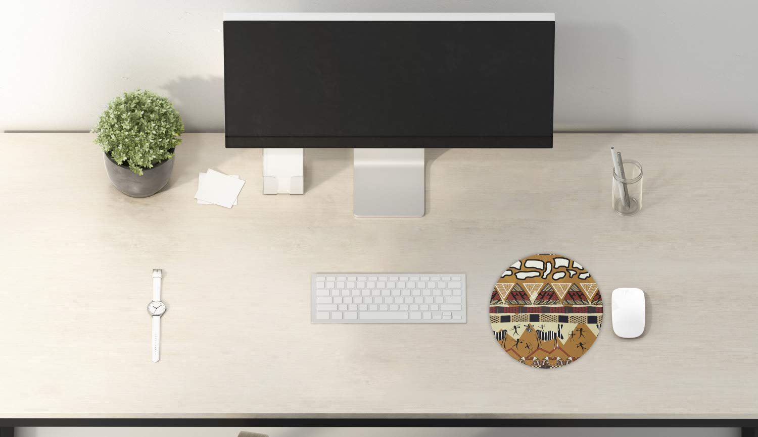 Ambesonne Ethnic Mouse Pad - Hunting Zebra & Prehistoric Tribe Life Design, Non-Slip Thick Rubber Gaming Mousepad, 8 Inch Round (Ruby Mustard) - Perfect for Office, Home & Gaming PC Setup