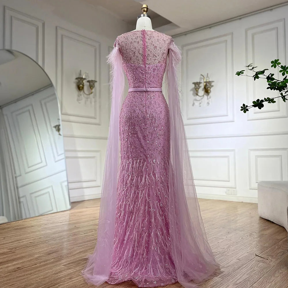 Serene Hill Pink Cape Sleeves Dubai Evening Gown - Mermaid Beaded Feather Dress for Women's Party & Special Occasions | Elegant Formal Wear for Weddings, Galas & Red Carpet Events