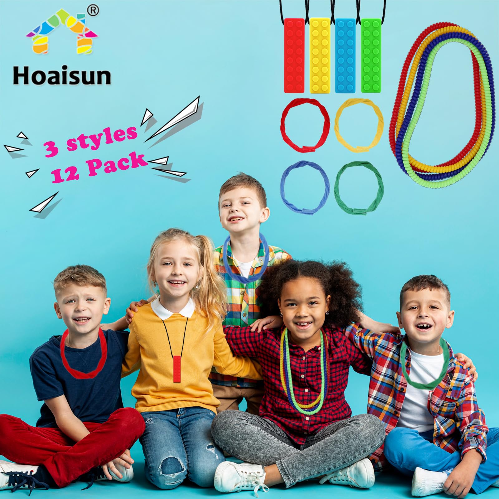 12 Pack Sensory Chew Necklaces for Kids & Adults - Autism & ADHD Chewing Toys, Anxiety Relief Fidget Necklace for Biting, Teething - Durable Silicone Chewable Blocks (Perfect for School, Travel & Stress Relief)