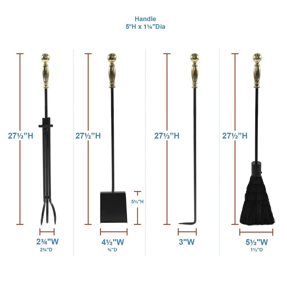 Premium Brass Fireplace Tool Set - 5-Piece Poker, Shovel, Brush, Tongs & Stand - Heavy Duty & Rust-Resistant for Indoor & Outdoor Fire Pits, Wood Stoves & Fireplaces